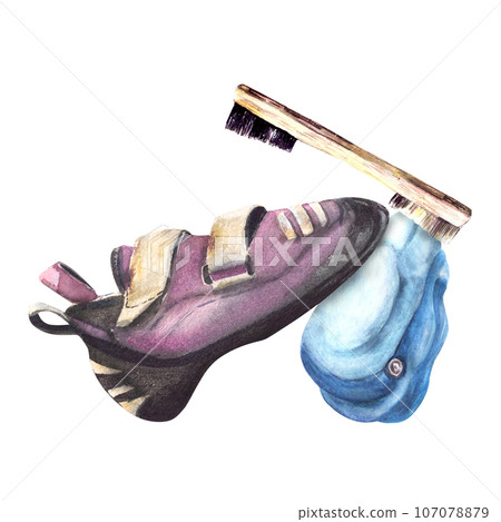 Climbing and bouldering equipment. Shoes, chalk brush, rock holder stone. Watercolor hand draw illustration isolated on white background. for sport design sticker, logo, print, flyer, cards, gym 107078879