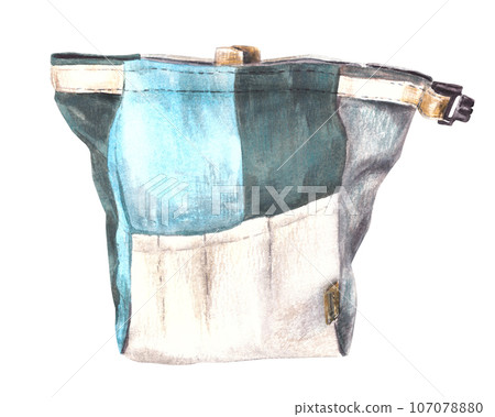Textile sport bag for rock climbing, bouldering equipment. With a place for brushes and magnesium.Watercolor illustration isolated on white background. design for stickers, magnet, cards, print, logo 107078880