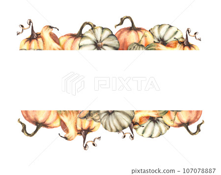 Fall pumpkins textless banner, frame. Autumn vegetables harvest Isolated watercolor illustration on white background. botanical design for your halloween, thanksgiving, invitation, print greeting card Fall pumpkins textless banner, frame. Autumn vegetables harvest Isolated watercolor illustration on white background. botanical design for your halloween, thanksgiving, invitation, print greeting card 107078887