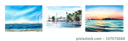 Romantic watercolor landscape illustration Set. Colourful sunset and sunrise Boats, buoys, pier, yachts, blue sky and sea Hand drawn background Design for cover page, banner, booklet, landing page. Romantic watercolor landscape illustration Set. Colourful sunset and sunrise Boats, buoys, pier, yachts, blue sky and sea Hand drawn background Design for cover page, banner, booklet, landing page. 107078888