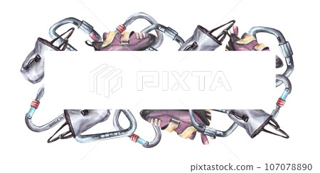 Climbing banner frame. Sport shoes, carabiners, magnesia bag. Equipment for rock climbing, bouldering. Watercolor illustration isolated on white background Design for flyer, banner, cards, invitation 107078890