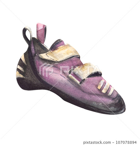 Climbing boulder black-purple with red elements shoes Rock, wall climbing equipment. Watercolor illustration hand draw isolated on white background. for your design of brochures, stickers, prints logo Climbing boulder black-purple with red elements shoes Rock, wall climbing equipment. Watercolor illustration hand draw isolated on white background. for your design of brochures, stickers, prints logo 107078894