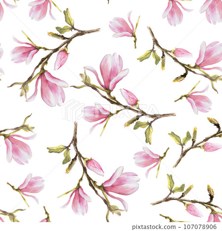 Magnolia pink flower bough seamless pattern. Watercolor hand drawn Illustration isolated on white background. Floral repeating design for your print, textile wrapping wallpaper cover, carpets, fabrics Magnolia pink flower bough seamless pattern. Watercolor hand drawn Illustration isolated on white background. Floral repeating design for your print, textile wrapping wallpaper cover, carpets, fabrics 107078906