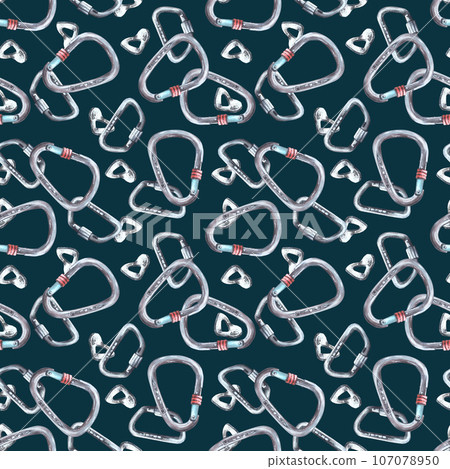 Metal sport grey climbing carabiner seamless pattern. Isolated on a dark background Hand drawn illustration Boulder equipments Repeating design for wrapping paper, wallpaper, textiles packaging print. 107078950