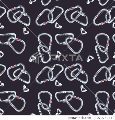 Metal sport grey climbing carabiner seamless pattern. Isolated on a dark background Hand drawn illustration Boulder equipments Repeating design for wrapping paper, wallpaper, textiles packaging print. 107078974