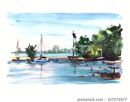 Hand drawn watercolor marine illustration. Sea bay, fishing boats, masts, pier, buoys, moored yachts on the background of blue sky, trees and sea with reflections Design of backgrounds, postcards 107078977