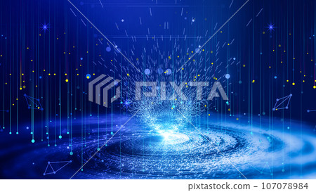 Cosmic space blue particle vortex and starry sky rays internet technology network big data background 107078984