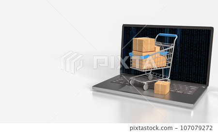 The trolley and box on notebook for e commerces concept 3d rendering 107079272