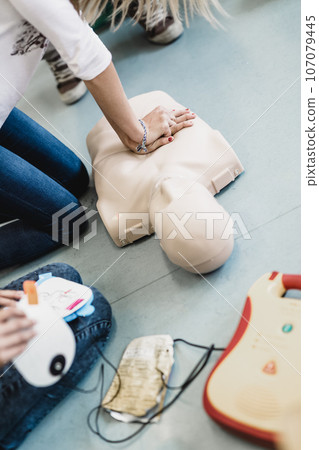 First aid cardiopulmonary resuscitation course using automated external defibrillator device, AED. First aid cardiopulmonary resuscitation course using automated external defibrillator device, AED. 107079445