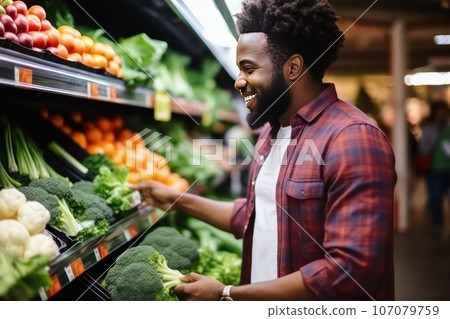 Young African American man shopping in grocery store. 107079759