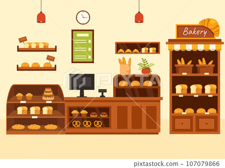 Bakery Store Vector Illustration with Various Types of Bread Products for Sale and Shop Interior in Flat Cartoon Background Design Template 107079866