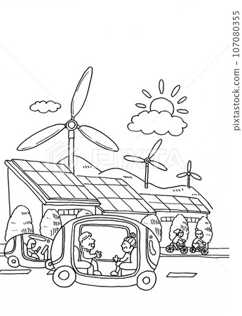 Image illustration (line drawing) of realizing a decarbonized society through the use of self-driving cars and natural energy 107080355