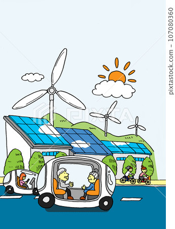 Image illustration of realizing a decarbonized society and carbon neutrality through the use of self-driving cars and natural energy 107080360