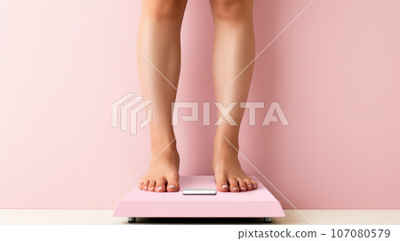 AI-generated image of a woman's feet on a scale AI-generated image of a woman's feet on a scale 107080579