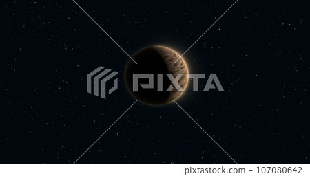 Abstract realistic space planet round sphere with a stone relief surface in space against the background of stars 107080642