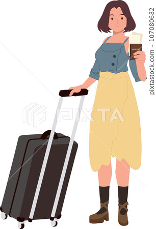 Vacation concept. Traveling Woman with Luggage, Passport, and Boarding Pass. 107080682