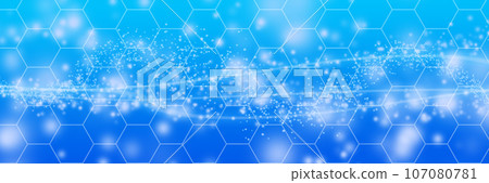 Blue background with randomly highlighted dots, is covered with a honeycomb pattern. 107080781