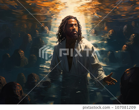 Rite of baptism in water of African Jesus Christ AI 107081209