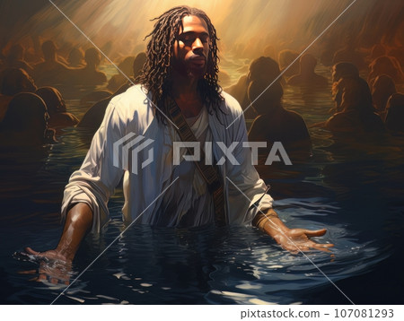 Rite of baptism in water of African Jesus Christ AI 107081293