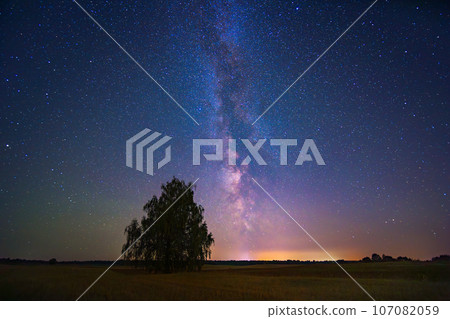 Night landscape with colorful Milky Way, autumn sky Night landscape with colorful Milky Way, autumn sky 107082059