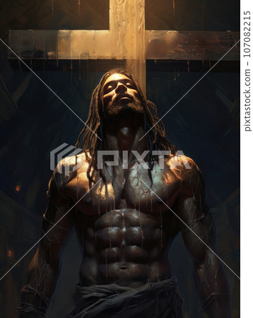 Crucifixion of African Jesus Christ on the cross AI 107082215