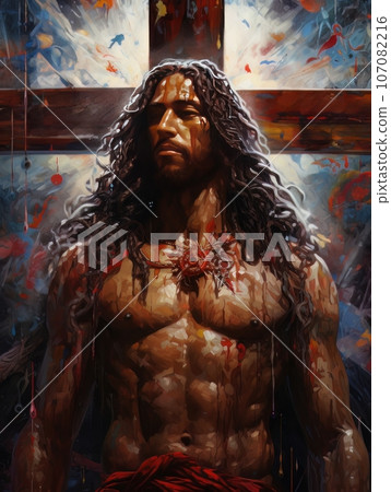 Crucifixion of African Jesus Christ on the cross AI 107082216