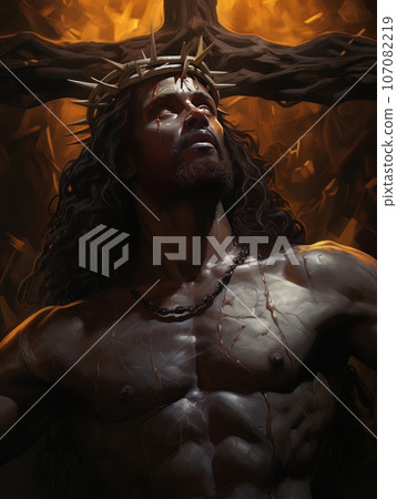 Crucifixion of African Jesus Christ on the cross AI 107082219