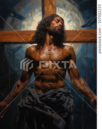 Crucifixion of African Jesus Christ on the cross AI 107082233