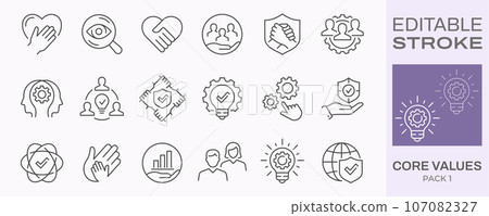 Core values icons, such as mission, business, company, integrity and more. Editable stroke. 107082327