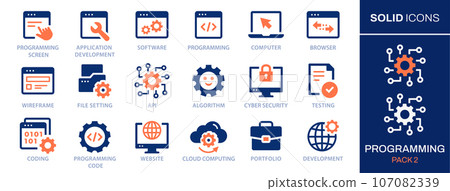 Programming icon set. Collection of program, application, computer, service and more. Vector illustration. Easily changes to any color. 107082339