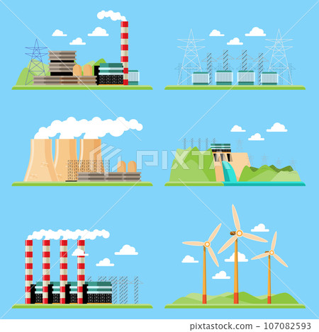 Vector illustration showing clean and polluting electricity generation production. Factory power generation, Coal Plants, Nuclear Plants, Wind Power, Hydro Power 107082593
