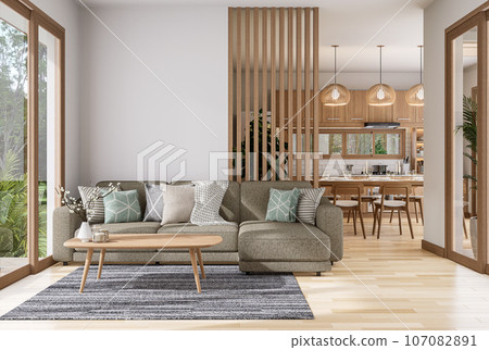 Modern contemporary living room with dining room and kitchen background 3d render 107082891