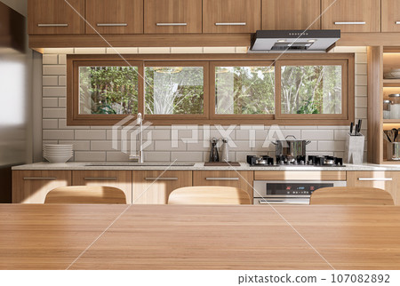 Modern contemporary empty wooden dining table top with wooden kitchen counter background 3d render 107082892