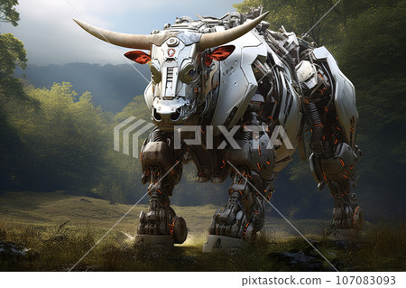 Image of highlander cow gundam robot technology an ectronic in the forest. Wildlife Animals. Generative AI, Illustration. 107083093