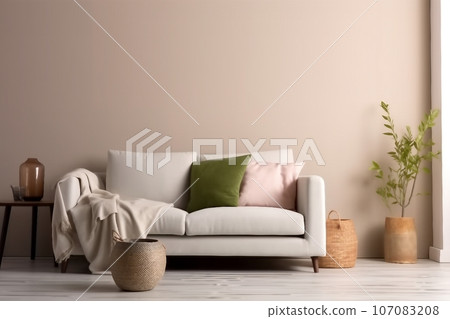 Interior design of living room with copy space, beige sofa, side table, leaf in vase, pouf, elegant accessories and boucle rug. Beige wall. Minimalist home decor. Template. 107083208