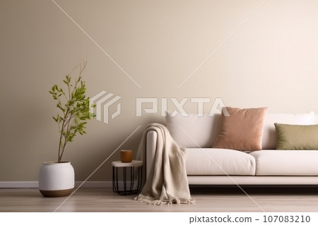 Interior design of living room with copy space, beige sofa, side table, leaf in vase, pouf, elegant accessories and boucle rug. Beige wall. Minimalist home decor. Template. Interior design of living room with copy space, beige sofa, side table, leaf in vase, pouf, elegant accessories and boucle rug. Beige wall. Minimalist home decor. Template. 107083210