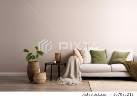 Interior design of living room with copy space, beige sofa, side table, leaf in vase, pouf, elegant accessories and boucle rug. Beige wall. Minimalist home decor. Template. Interior design of living room with copy space, beige sofa, side table, leaf in vase, pouf, elegant accessories and boucle rug. Beige wall. Minimalist home decor. Template. 107083211