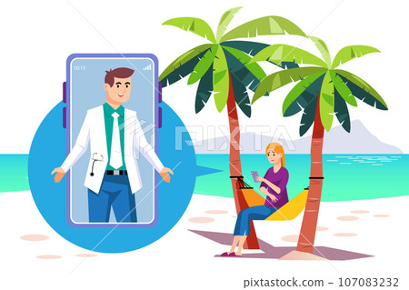 Online medical consultation. Vector illustration in flat cartoon style. Woman sitting on the beach and consult your symptoms online with a doctor. Online medical consultation. Vector illustration in flat cartoon style. Woman sitting on the beach and consult your symptoms online with a doctor. 107083232