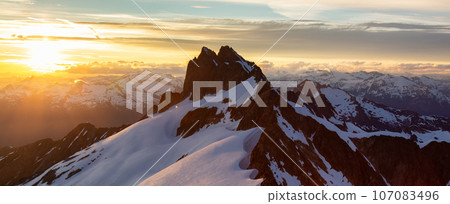 Canadian Rocky Mountain Landscape Aerial Nature Background. Sunset Sky Canadian Rocky Mountain Landscape Aerial Nature Background. Sunset Sky 107083496