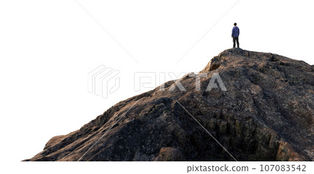 Adventure Man Hiker standing on top of Mountain Peak. Cutout on White Background. 3d Rendering Adventure Man Hiker standing on top of Mountain Peak. Cutout on White Background. 3d Rendering 107083542