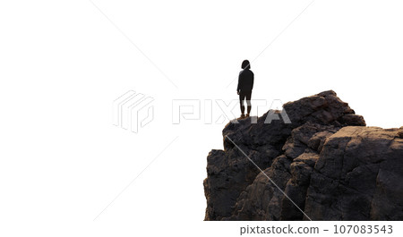 Adventure Woman Hiker standing on top of Mountain Peak. Cutout on White Background. 3d Rendering Adventure Woman Hiker standing on top of Mountain Peak. Cutout on White Background. 3d Rendering 107083543