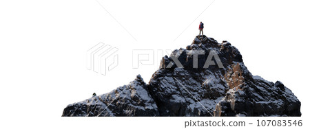 Adventure Man Hiker standing on top of Mountain Peak. Cutout on White Background. 3d Rendering Adventure Man Hiker standing on top of Mountain Peak. Cutout on White Background. 3d Rendering 107083546