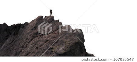 Adventure Man Hiker standing on top of Mountain Peak. Cutout on White Background. 3d Rendering 107083547