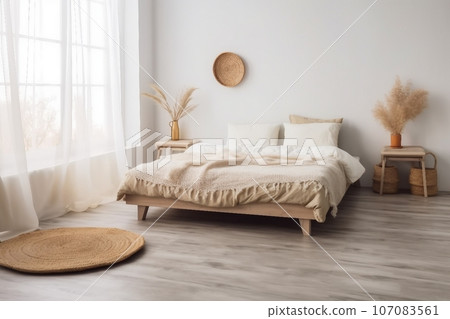 simple boho eco bedroom interior, design blog, ad. Bed with pillows, carpet on wooden floor, window with curtains, table with dry plants, furniture, on white wall background, copy space 107083561