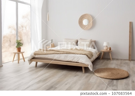 simple boho eco bedroom interior, design blog, ad. Bed with pillows, carpet on wooden floor, window with curtains, table with dry plants, furniture, on white wall background, copy space 107083564