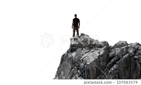 Adventure Man Hiker standing on top of Mountain Peak. Cutout on White Background. 3d Rendering Adventure Man Hiker standing on top of Mountain Peak. Cutout on White Background. 3d Rendering 107083574
