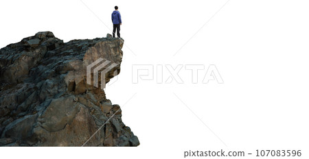 Adventure Man Hiker standing on top of Mountain Peak. Cutout on White Background. 3d Rendering 107083596