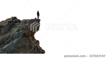 Adventure Woman Hiker standing on top of Mountain Peak. Cutout on White Background. 3d Rendering 107083597