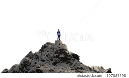 Adventure Man Hiker standing on top of Mountain Peak. Cutout on White Background. 3d Rendering Adventure Man Hiker standing on top of Mountain Peak. Cutout on White Background. 3d Rendering 107083598