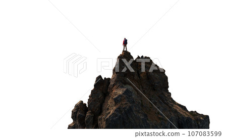 Adventure Man Hiker standing on top of Mountain Peak. Cutout on White Background. 3d Rendering 107083599